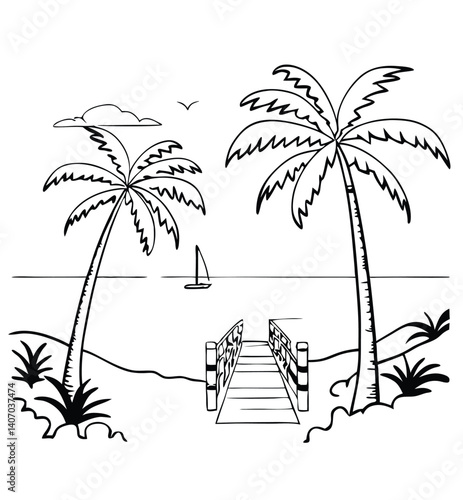 A black and white line art of palm trees, wooden dock, and sailboat in tropical coastal scenery, line art nature landscape, simple design with serene oceanfront view
