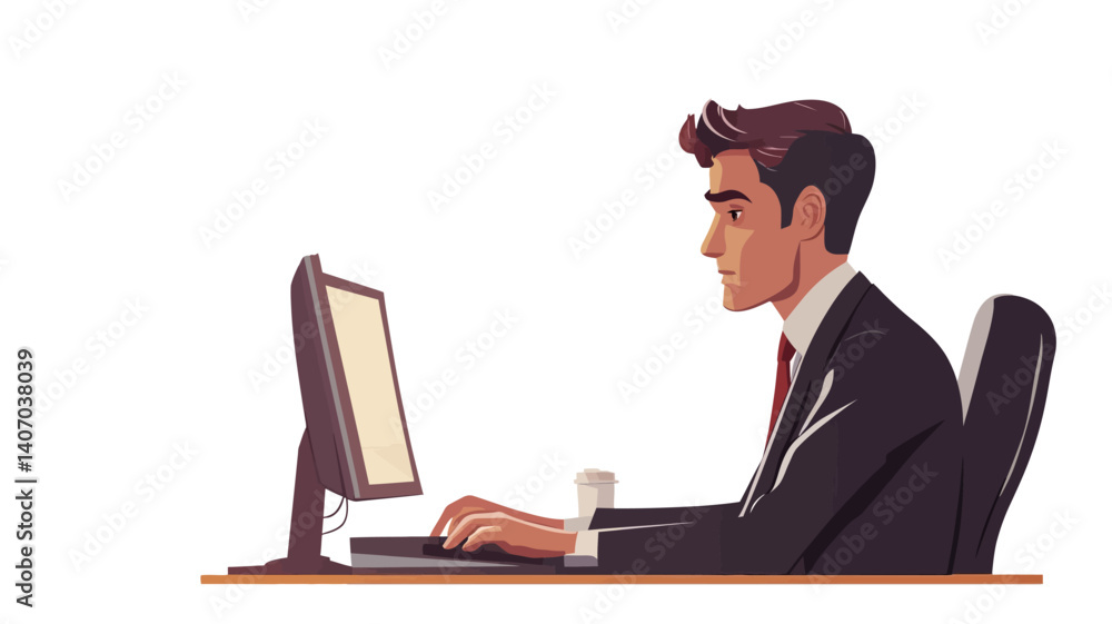 A vector illustration depicting a businessman in a dark suit and red tie sitting at a desk, focused on a desktop computer. The illustration is clean and simple, A vector illustration depicting a businessman in a dark suit and red tie sitting at a desk, focused on a desktop computer. The illustration is clean and simple,