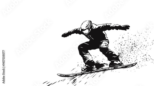 Black and white illustration of a snowboarder in mid-air, depicted in a dynamic pose suggesting speed and movement. The style is graphic and stylized, 