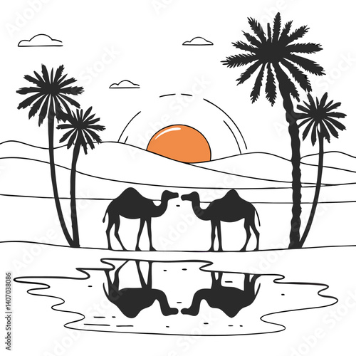 Desert landscape with palm trees and camels, sunset silhouette scene, line art vector illustration, serene oasis view, warm tones, tranquil scenery, nomadic travel inspiration