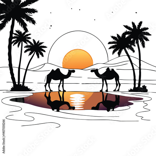 Serene Sunset Oasis Desert Landscape with Camels Silhouetted against a Vibrant Sky Palm Trees, Kid's Coloring Book