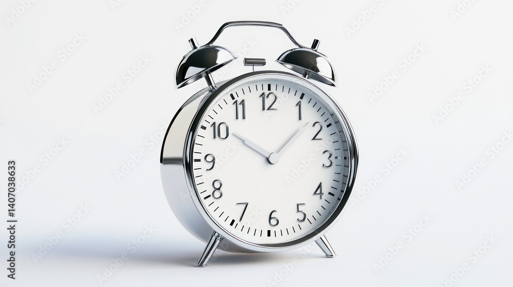 A shiny chrome alarm clock sits isolated on a white background A shiny chrome alarm clock sits isolated on a white background
