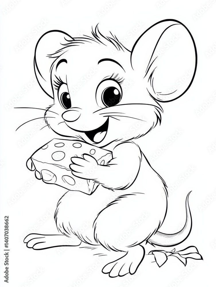 Fototapeta premium CUTE MOUSE HOLDING CHEESE, OUTLINED IN BOLD LINES, NO FILL FOR COLORING