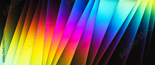 Bright diagonal gradient flowing lines in rainbow spectrum on black background. Futuristic energetic waves of colors cuts through space in sharp geometric folds. Neon rainbow beams arranged diagonally