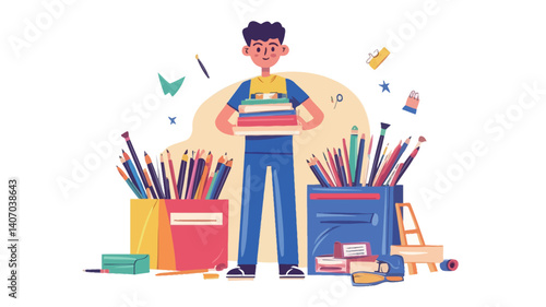 A cartoon illustration of a boy standing proudly, holding a stack of books. He is surrounded by containers filled with various art supplies, including pencils, crayons, and paintbrushes. 