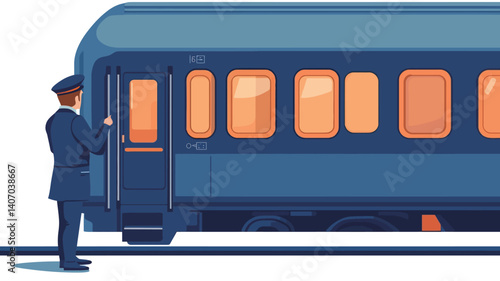 Illustration of a train conductor in a dark uniform standing beside a vintage-style passenger train car. The train car is predominantly blue with multiple windows showing warm interior light.