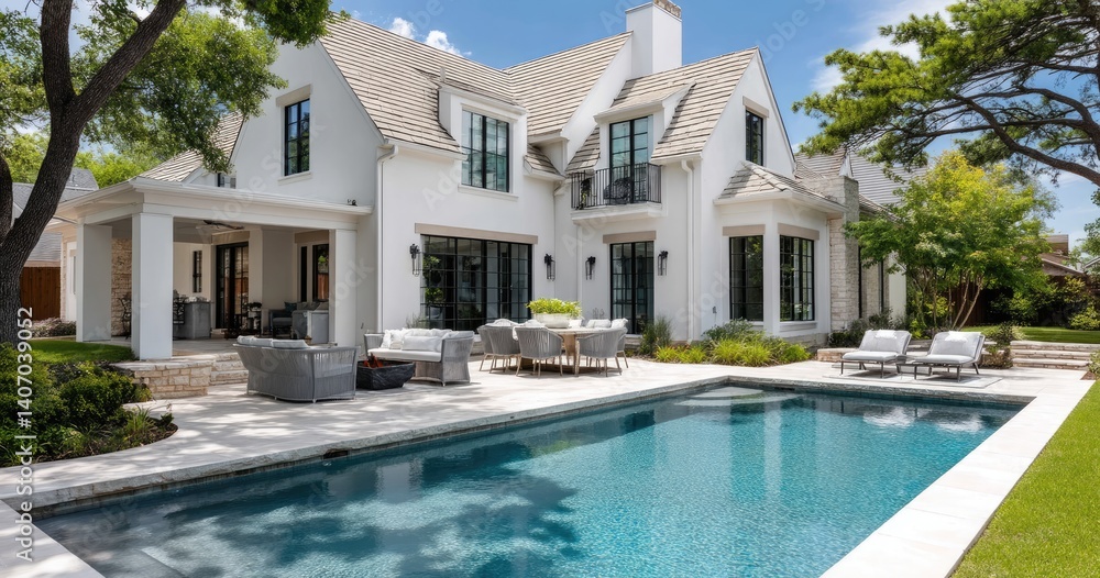 A large, two-story house with white walls and a beige shingle roof in the suburban area of Texas, featuring an outdoor pool with a fire pit surrounded by lush green grass