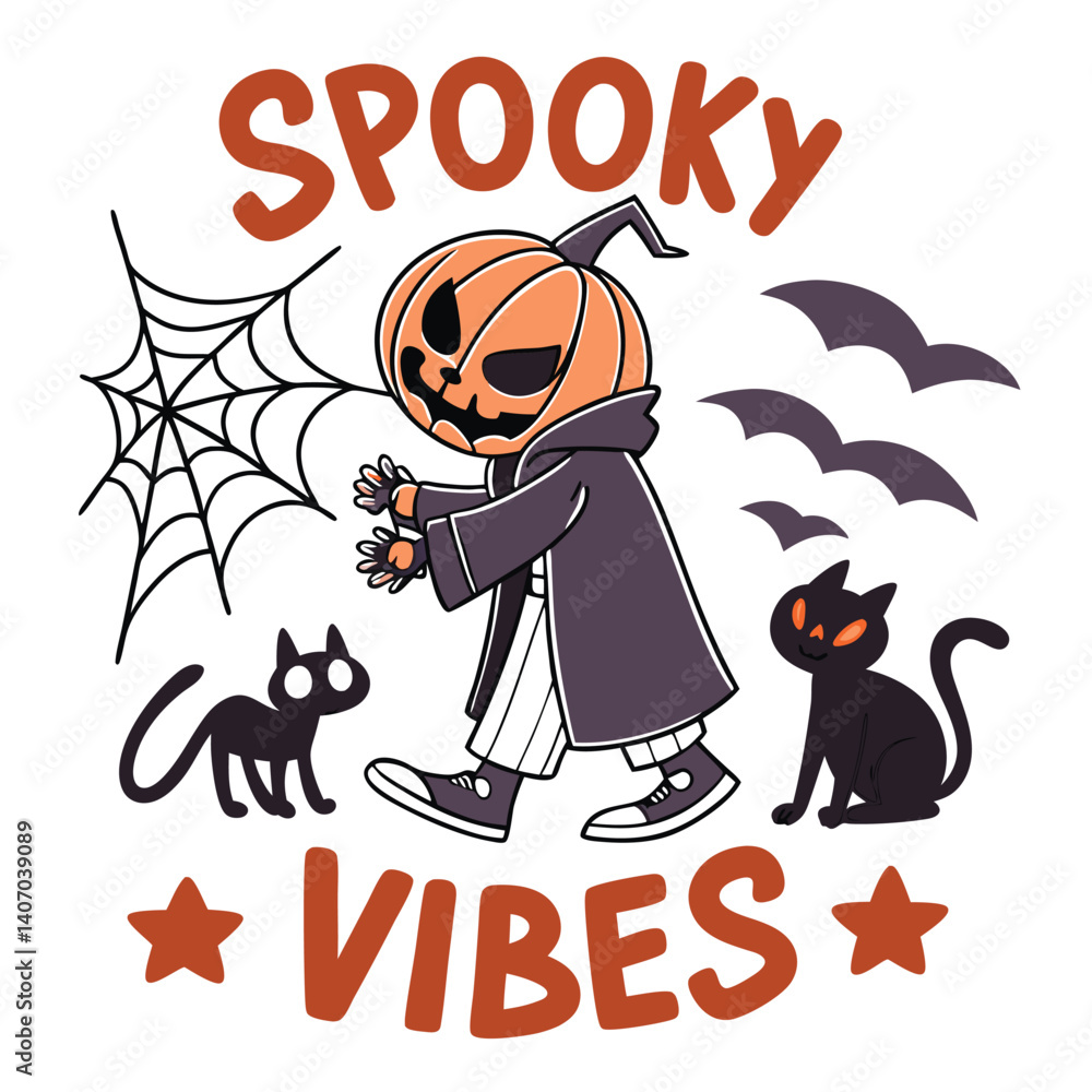 Obraz premium Spooky Halloween Vibes With Pumpkin Man Bats And Black Cats Vector Illustration