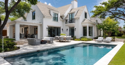 Obraz na płótnie A large, two-story house with white walls and a beige shingle roof in the suburban area of Texas, featuring an outdoor pool with a fire pit surrounded by lush green grass w salonie