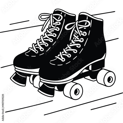 A pair of roller skates isolated on white background, depicted in a bold, graphic style, showcasing the classic design with laces and wheels, evoking a sense of retro fun and recreational activity