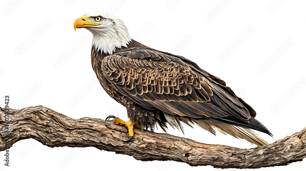 Fototapeta premium Bald eagle perched on branch, isolated