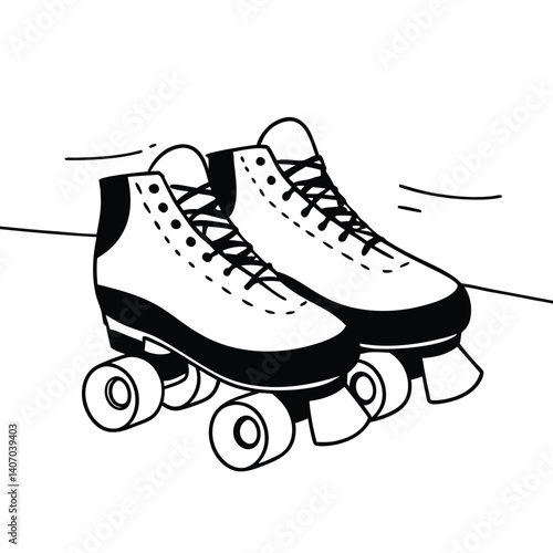 A pair of roller skates isolated on white background, depicted in a bold, graphic style, showcasing the classic design with laces and wheels, evoking a sense of retro fun and recreational activity