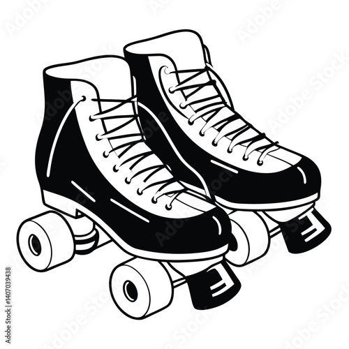 A pair of roller skates isolated on white background, depicted in a bold, graphic style, showcasing the classic design with laces and wheels, evoking a sense of retro fun and recreational activity