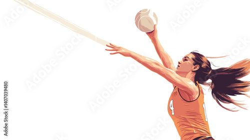 An illustration depicting a woman volleyball player mid-action, appearing to be executing a serve. The style is stylized, with soft lines and slightly muted colors.