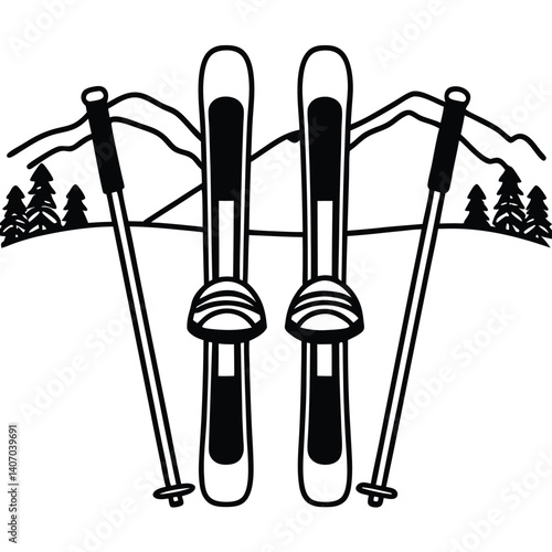 Ski equipment with mountains in the background isolated on white background showcases a pair of skis and poles, evoking winter sports, adventure, and snowy landscapes, perfect for outdoor enthusiasts