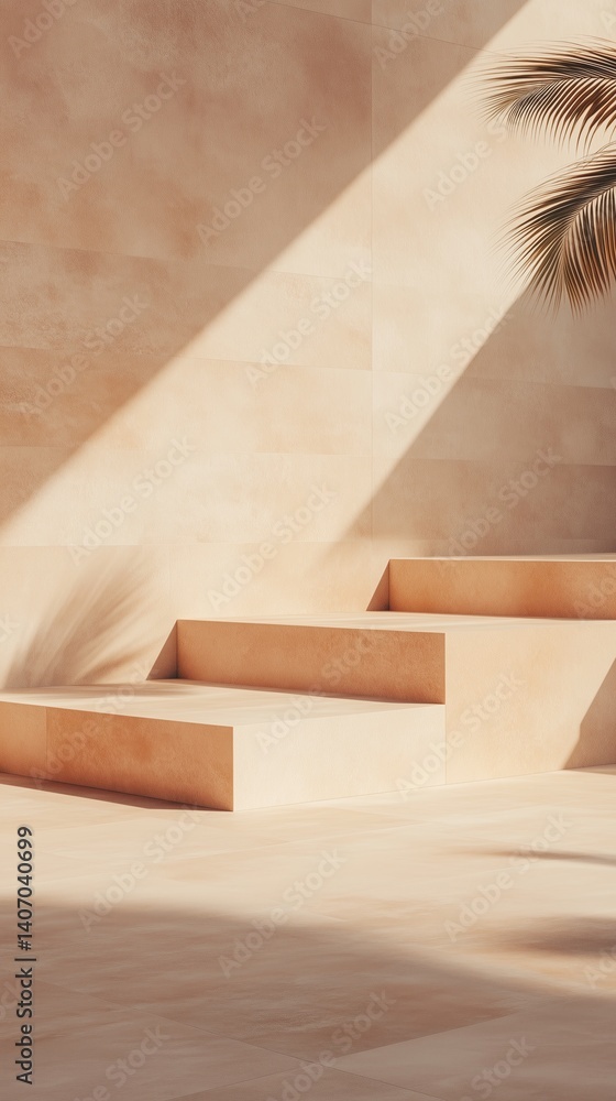 Staircase with soft light and palm shadows in a minimalist setting during the afternoon Staircase with soft light and palm shadows in a minimalist setting during the afternoon