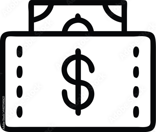 Minimalist wallet icon, dollar sign, black and white outline, simple geometric shapes, financial symbol, thin line drawing, money concept, digital wallet illustration, compact design, banking app icon