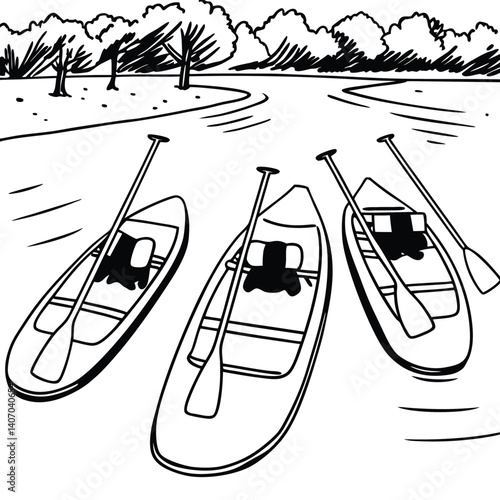 Three canoes with paddles floating peacefully on a calm river, surrounded by lush trees, creating a serene and inviting scene isolated on white background for outdoor adventures and relaxation
