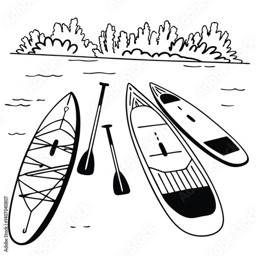 Several paddleboards and paddles floating on a calm body of water, with a background of trees and bushes. The scene suggests a peaceful outdoor activity focused on paddle boarding or water sports