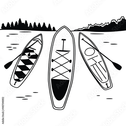 Three canoes with paddles floating peacefully on a calm river, surrounded by lush trees, creating a serene and inviting scene isolated on white background for outdoor adventures and relaxation