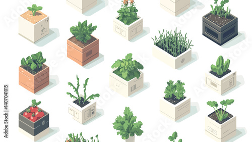 The image is a digitally created illustration featuring a repeating pattern of various herbs and vegetables grown in different types of square pots.