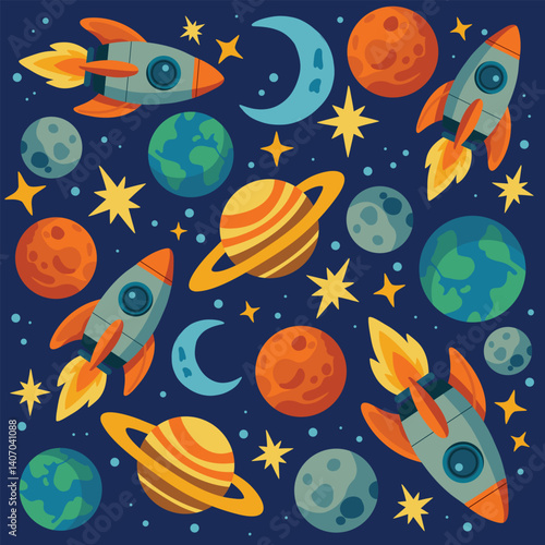 Seamless pattern with rockets, planets, moons, stars and space elements on dark background. Bright cartoon space design for kids and education materials.