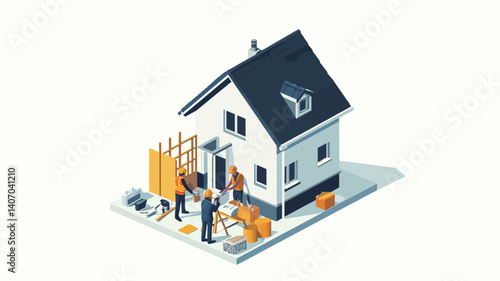 Isometric illustration depicting a single-family house under construction. The house is rendered in a simplified, low-poly style with a white exterior, dark blue roof,