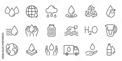 Water Conservation And Sustainability Line Icon Set. Hydration, Recycling, And Global Water Management Outline Symbol. Environmental Protection. Editable Stroke. Isolated Vector Illustration