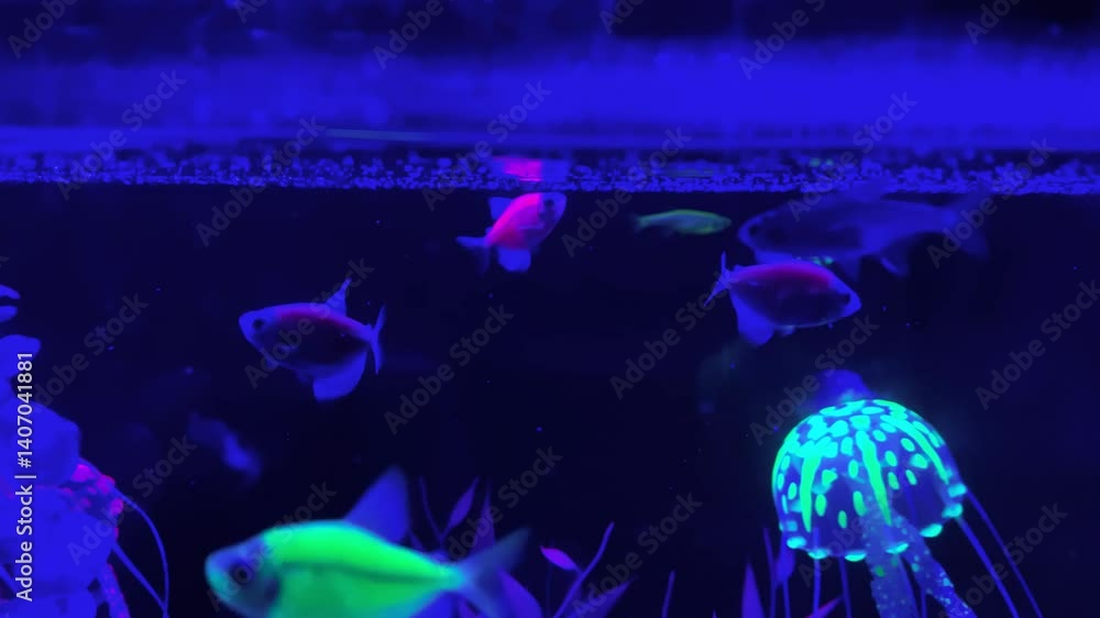 Glowing jellyfish and fluorescent fish swimming in dark blue aquarium