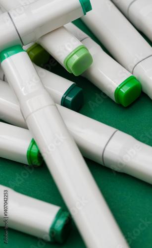 Several markers on a green background close-up
