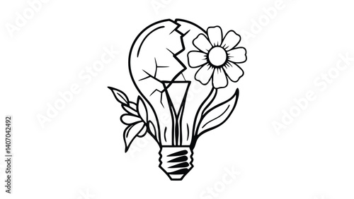 A cracked lightbulb with a flower growing out of it isolated on white background symbolizes the fragility of ideas and the potential for new growth and innovation from unexpected sources