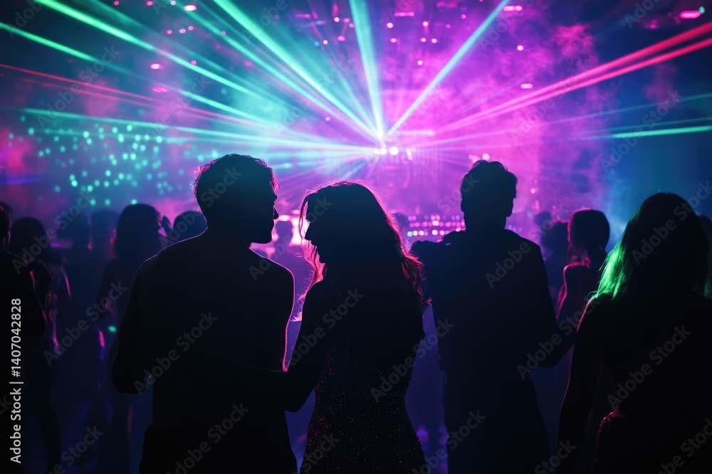 Obraz premium Silhouetted couple intimately close at a vibrant nightclub, bathed in neon laser lights.