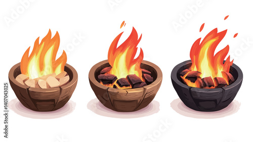 The image contains a digital illustration of three stylized campfire bowls. Each bowl depicts a different stage of a fire: one with bright orange and yellow flames and light-colored embers