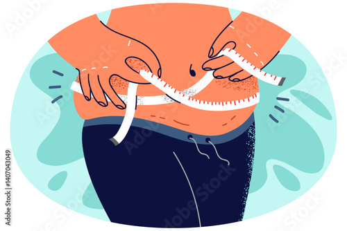 Overweight woman measure waist with tape