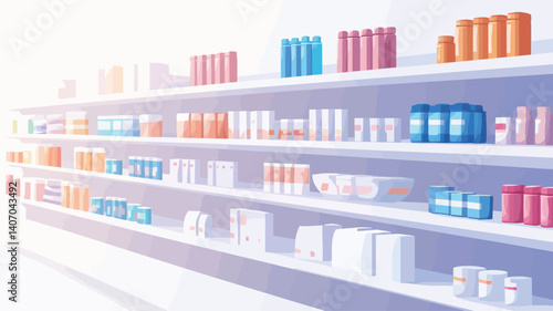 The image shows a perspective view of multiple rows of shelves filled with various products.  The shelves are white and the products are in a variety of colorful packaging. The lighting is bright,