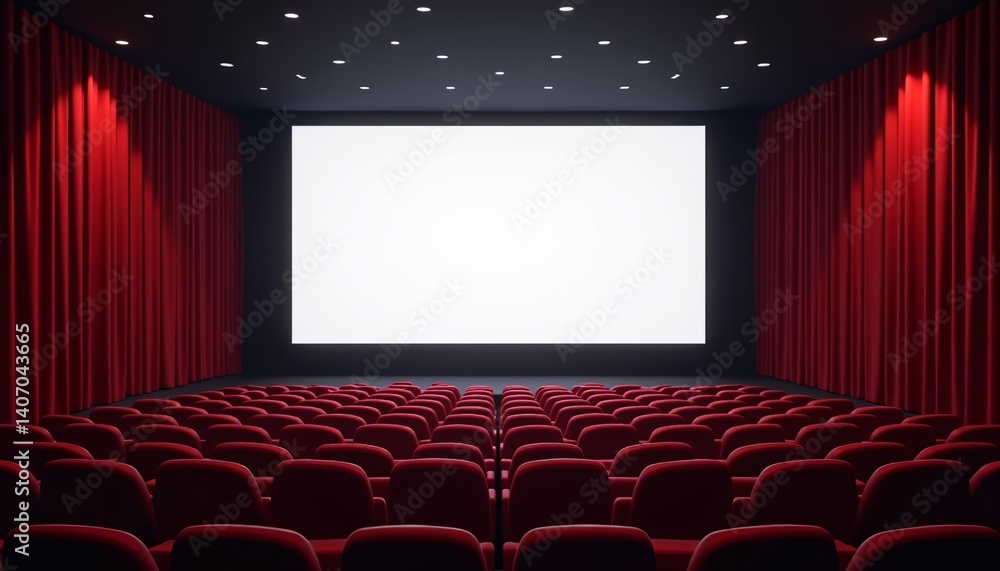 Movie cinema hall interior with rows of seats and white blank mockup screen. illustration. Movie cinema hall interior with rows of seats and white blank mockup screen. illustration.
