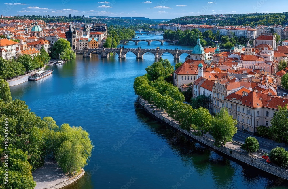 A panoramic view of the cityscape with its colorful buildings, bridges over the Vltava river and historical landmarks like the Charles Bridge and Prague Castle in the background.