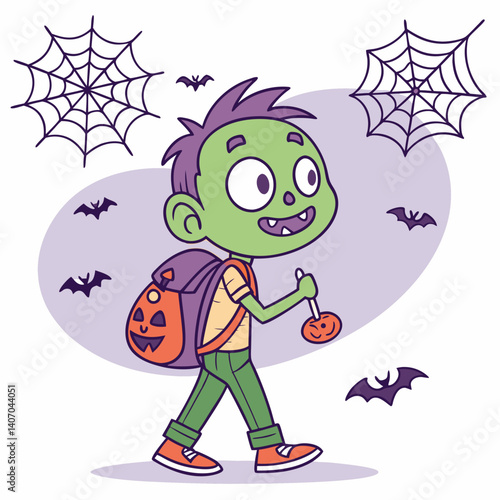 Cartoon zombie boy with backpack and candy in a Halloween fantasy world – vector illustration