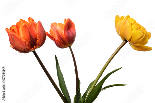 Easter bouquet. Three tulip flowers isolated on a white background