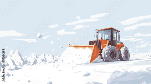 A digital illustration depicting a stylized orange snow plow tractor clearing snow in a minimalist winter landscape. The style is illustrative, with simplified forms and muted colors.