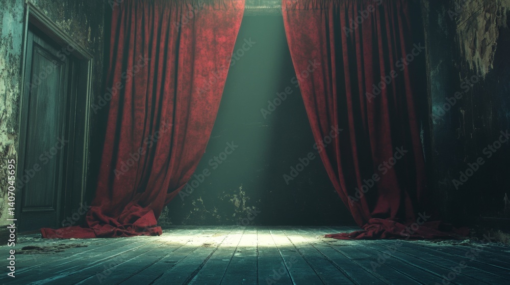 Theater stage lit between dramatic red curtains