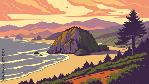 Sunset view of Pacific Northwest coastline from Cannon Beach – Oregon, USA
