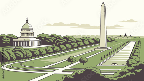 Illustration of National Mall with Washington Monument – Washington, D.C, USA
