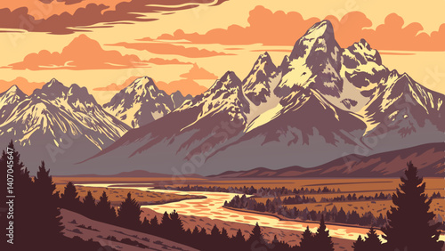 Snow-capped peaks of the Tetons at sunset – Wyoming
