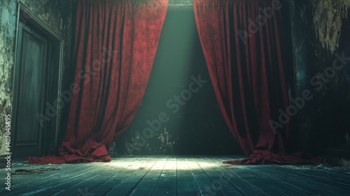 Obraz na płótnie Theater stage lit between dramatic red curtains w salonie