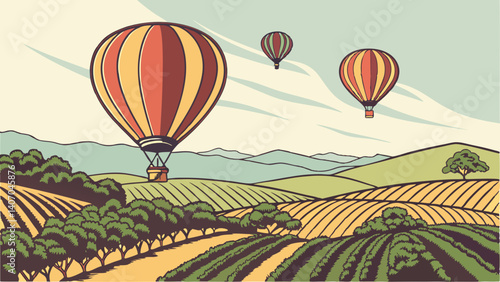 Flat design of hot air balloons over Napa Valley vineyards – California, USA
