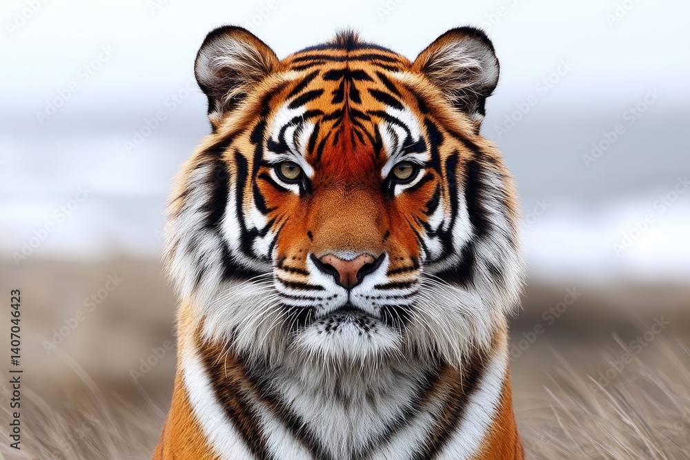 A majestic tiger faces the camera with striking orange stripes A majestic tiger faces the camera with striking orange stripes