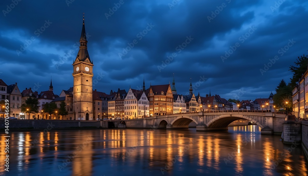 Fototapeta premium Nightfall's Embrace: A Serene Riverfront Cityscape at Dusk