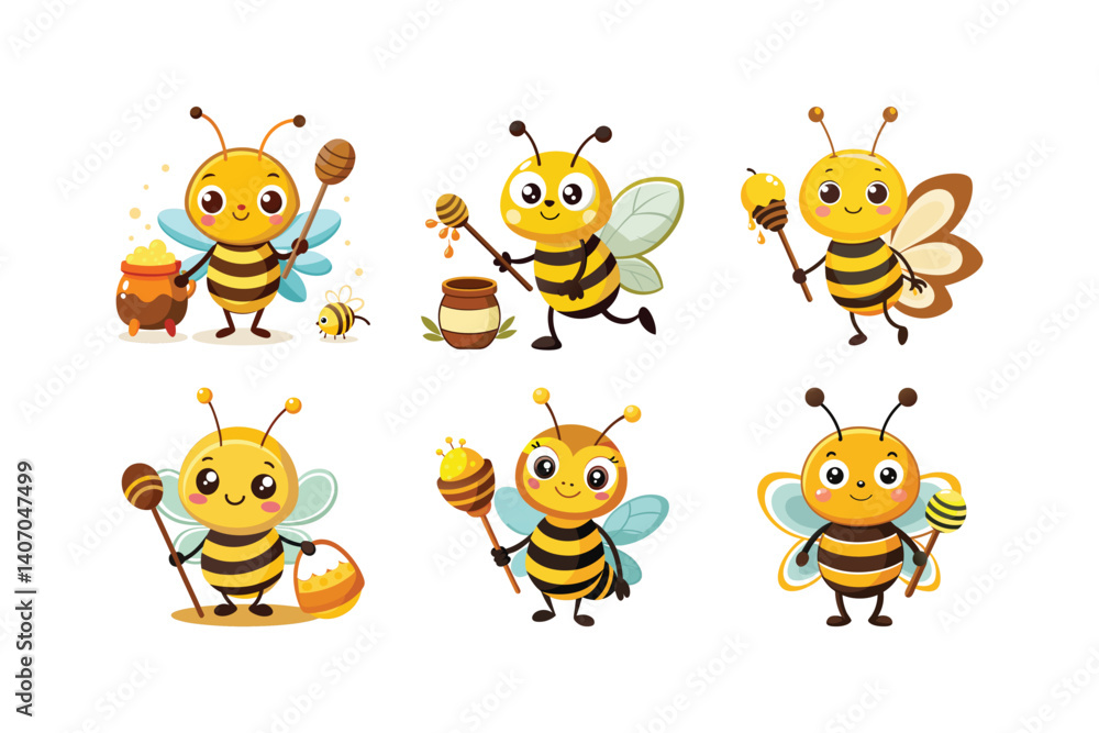 Fototapeta premium Cute bee character set, funny honey bees with dippers and pots, vector illustration collection of six happy insects for children design projects vector