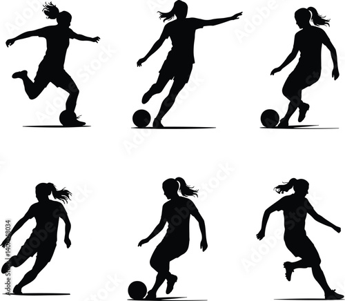 Women Soccer player silhouettes in action, different poses, vector illustration